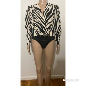 Ronny Kobo blouson bodysuit is elegant layering piece in black and white crepe
